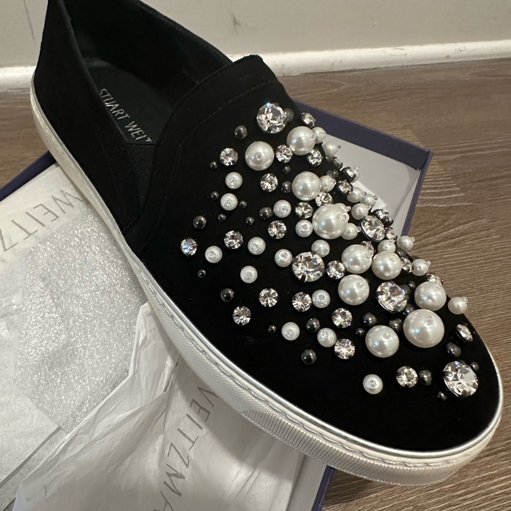 New Stuart Weitzman Black Slip-On Sneakers with Pearl and Crystal Accents , 9
